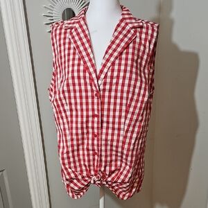 Red Checkered Sleeveless Button Down Shirt
